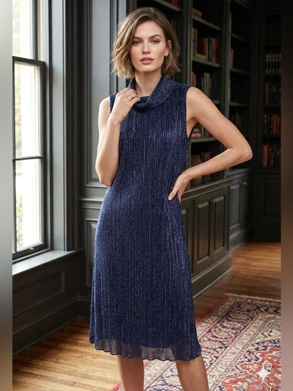 Connected Apparel Women's 10 Blue Cowl Neck Sleeveless Sheath Cocktail Dress M